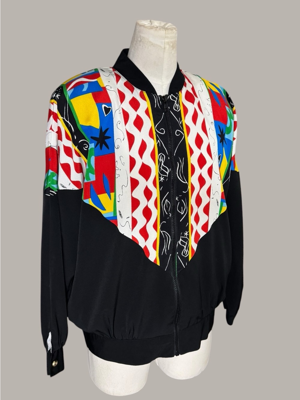 Colorblock Printed Black Bomber Jacket - Picture 2 of 9